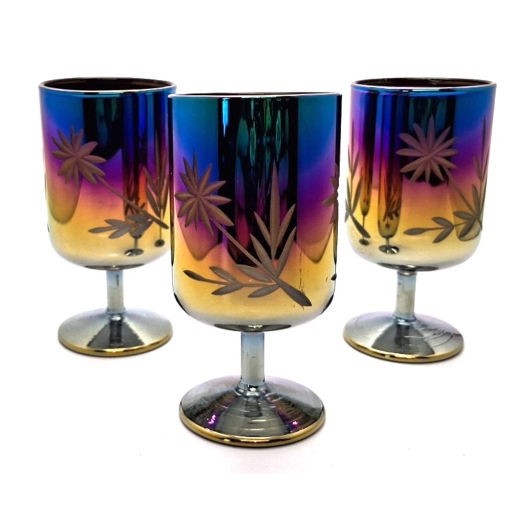 Beautiful Shot glasses or Liqueur 3 Carnival Iridescent Glass Bohemian Cut Style